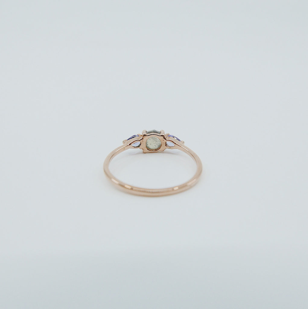 Penelope Rose Cut Labradorite Ring, Labradorite and tanzanite ring, 3 stone ring, 14k gold labradorite ring