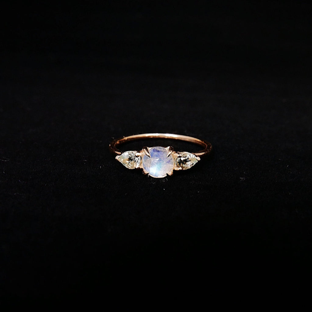 Penelope rosecut Moonstone ring, Moonstone and  aquamarine ring, 3 stone ring, 14k gold rainbow moonstone ring