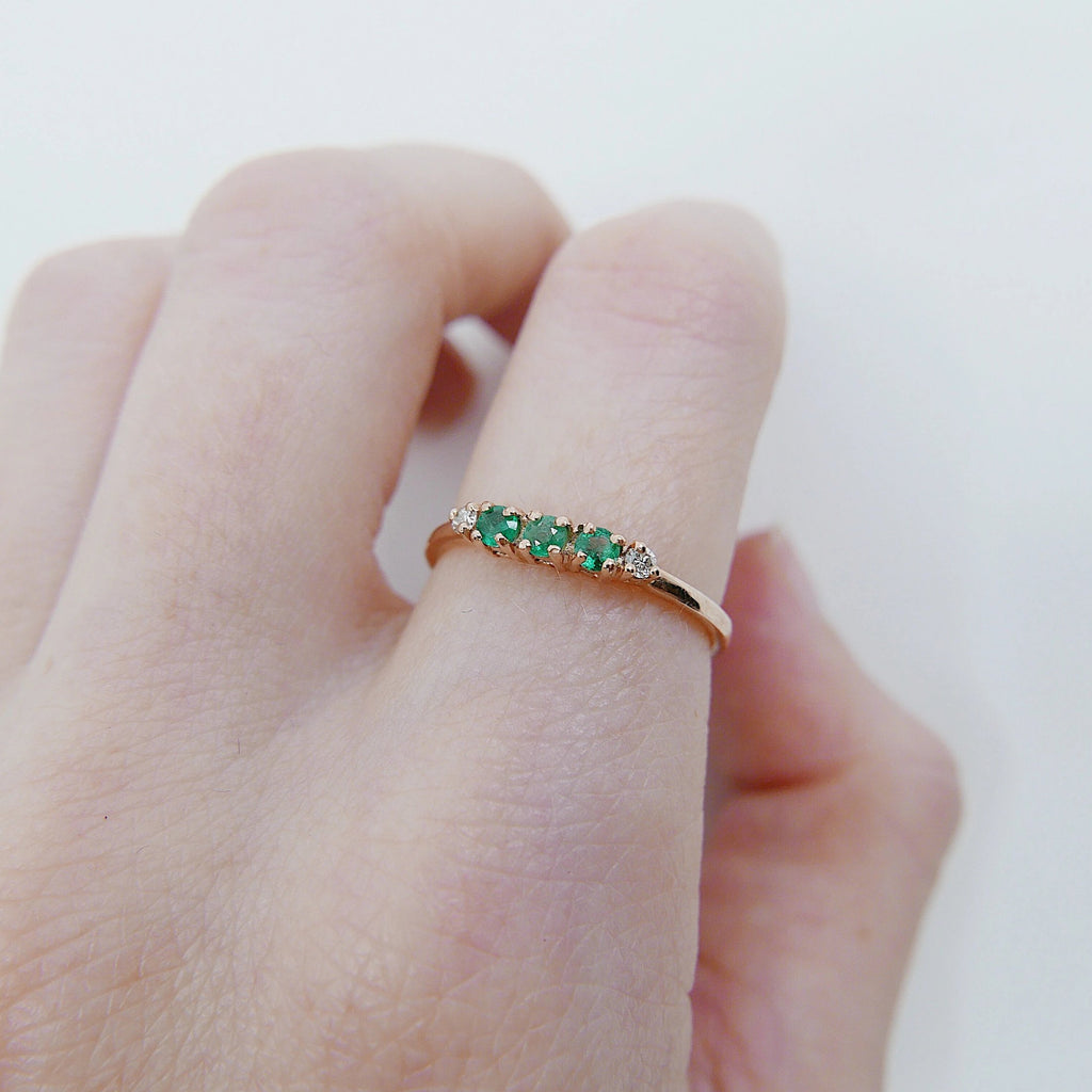 Riley Emerald Ring, 5 stone gold ring, emerald and diamond ring, 14k gold emerald ring, emerald and diamond band
