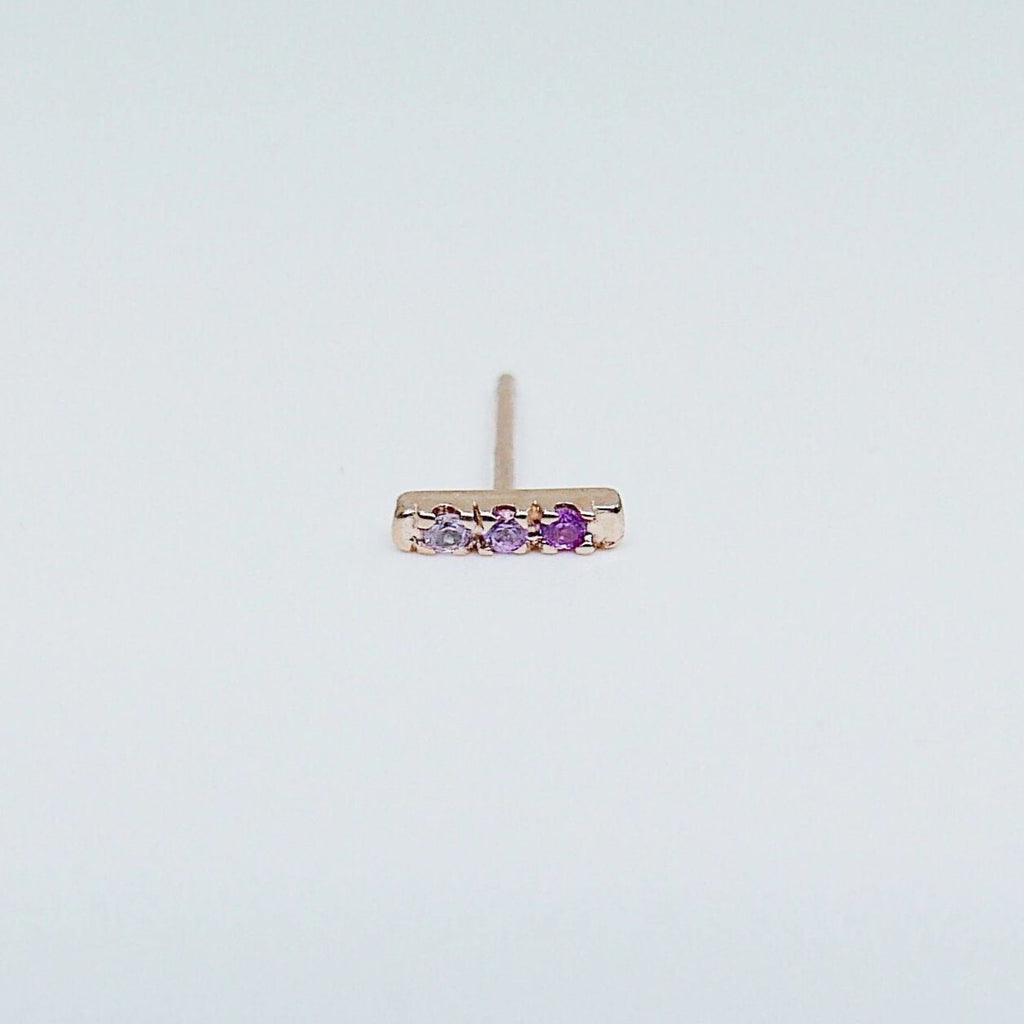 Mini Pink Sapphire Ombre Bar Earrings, 14k pink sapphire bar Earrings, 3 sapphire earrings, mini gold bar Earrings, small sapphire Earrings