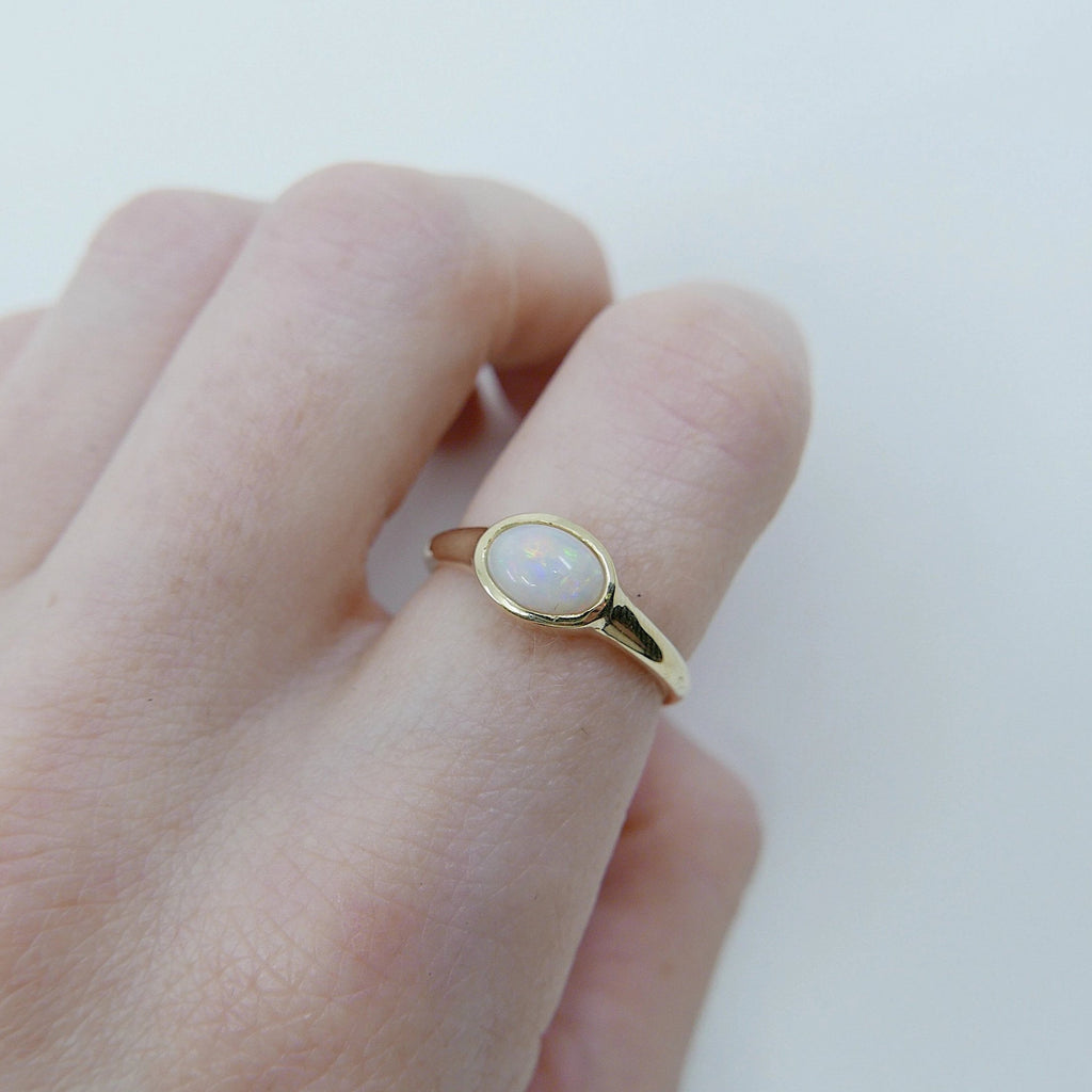 Opal Signet Ring, three stone opal ring, opal and diamond ring, 14k gold bold opal ring, oval opal ring, oval bezel opal ring