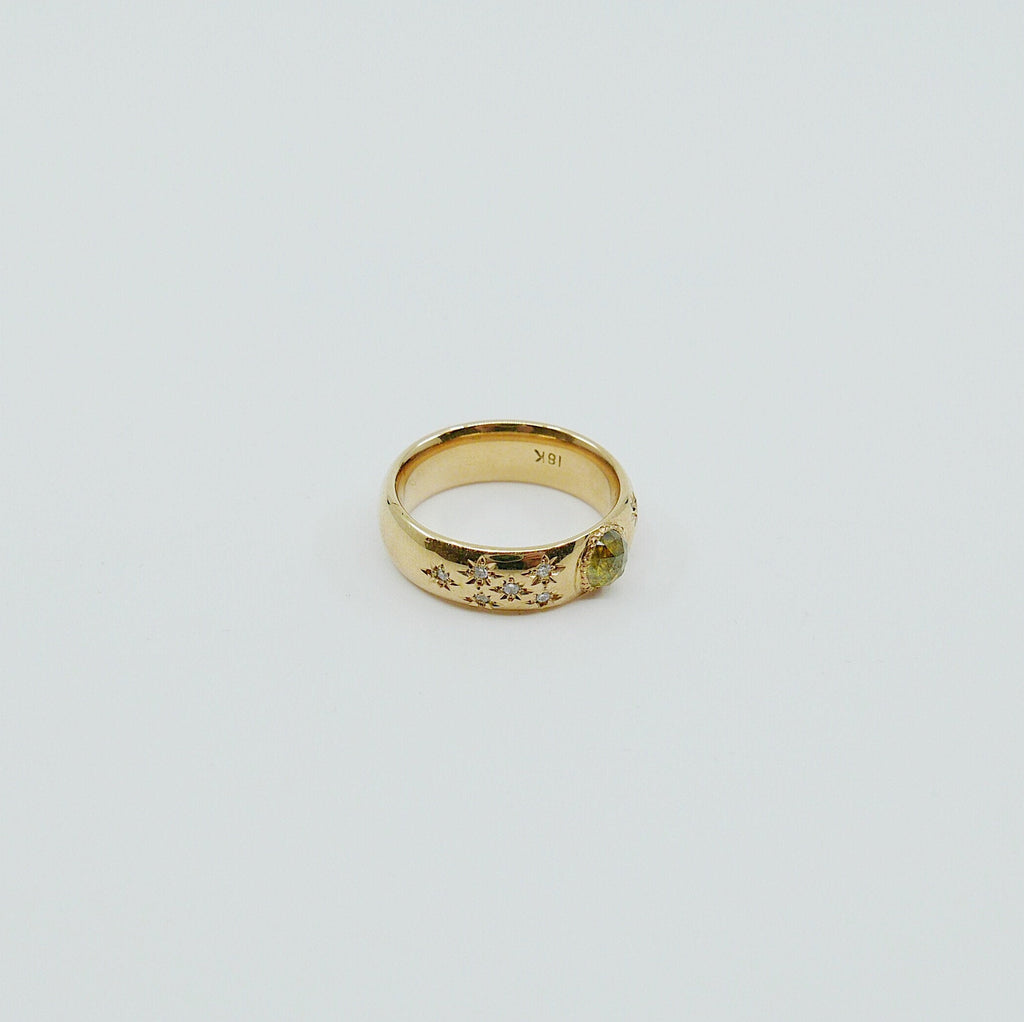 Star Struck Rustic Yellow Diamond Ring, OOAK ring, thick gold band, yellow diamond ring, star ring, diamond thick band ring, rose cut stone