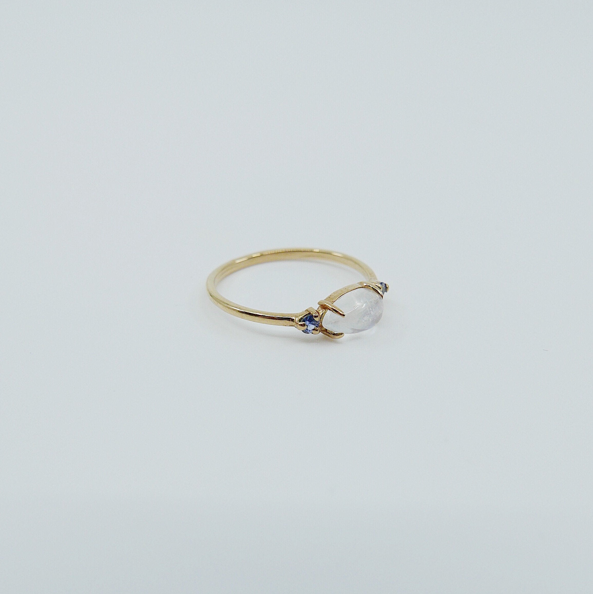 Twiggy Moonstone Ring, sleek marquise moonstone ring, 3 stone ring, marquise moonstone and sapphire ring, 14k gold moonstone ring