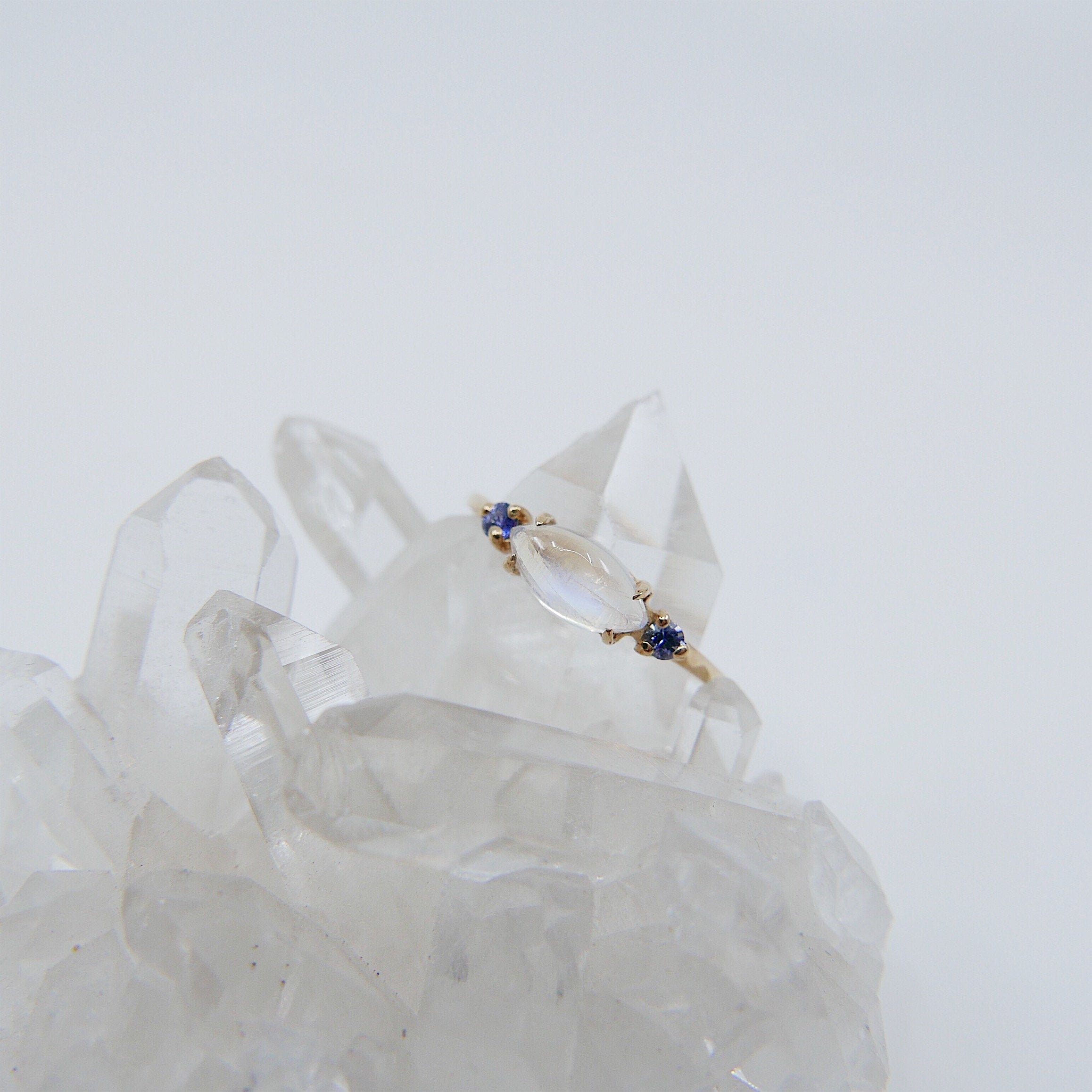 Twiggy Moonstone Ring, sleek marquise moonstone ring, 3 stone ring, marquise moonstone and sapphire ring, 14k gold moonstone ring