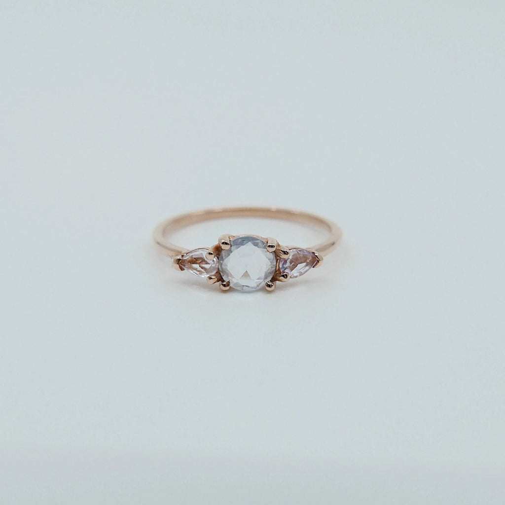 Penelope Rose Cut Light Blue Sapphire Ring, light blue sapphire and pink sapphire ring, 3 stone ring, 14k gold sapphire ring
