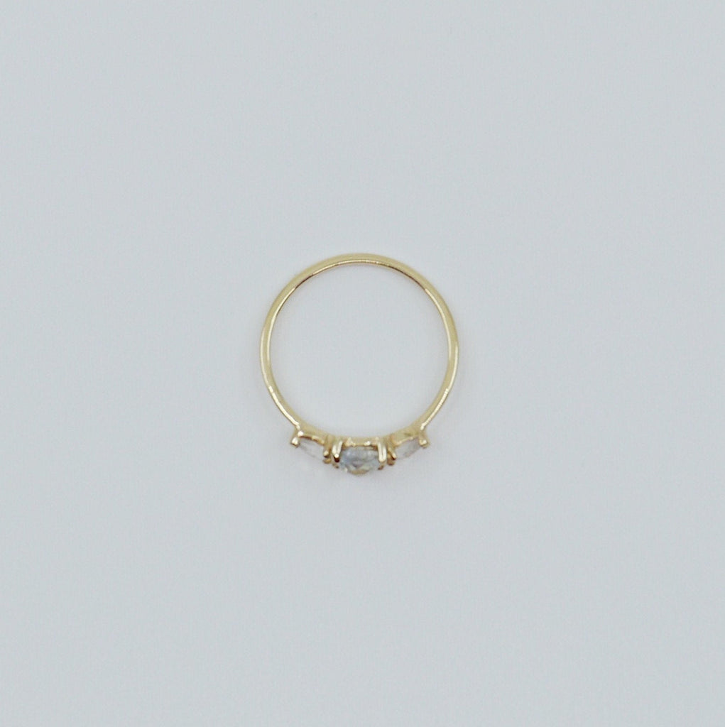 Penelope Rose Cut Tinted Blue Sapphire Ring, tinted blue sapphire and white sapphire ring, 3 stone ring, 14k gold sapphire ring
