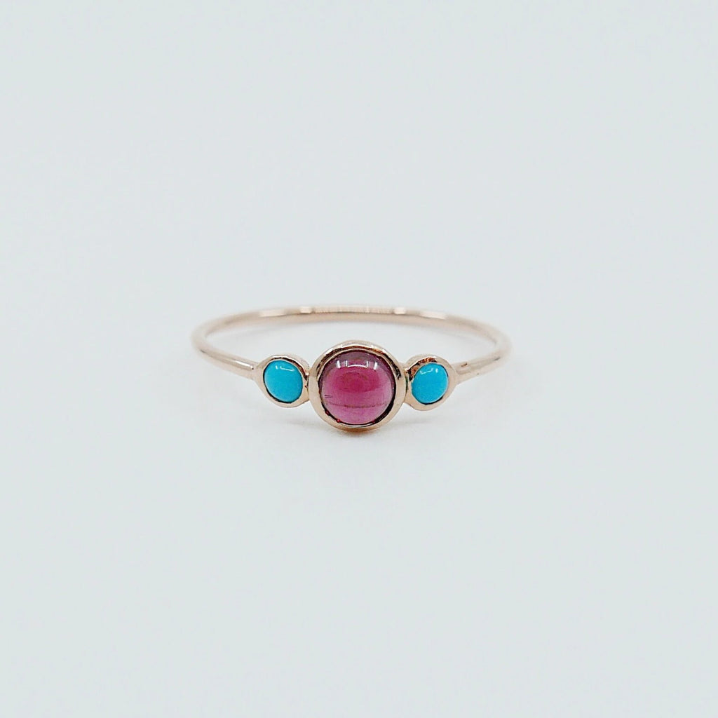 3 Stone Rhodolite Garnet & Turquoise Ring, three stone ring, garnet ring, turquoise ring, 14k gold garnet ring, 14k gold turquoise ring