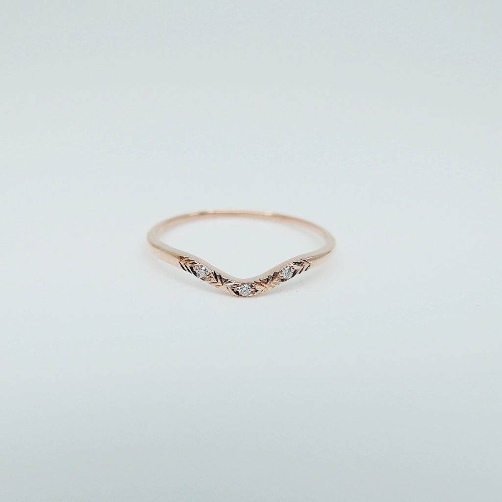 Chevron Diamond Arc Ring, gold arch ring, stacking ring, diamond and hand engraved wedding ring, nesting band, nesting ring, wedding band