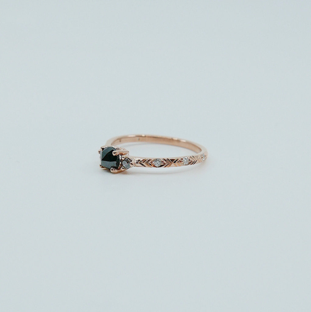 Clara Rose Cut Black Diamond Ring, alternative wedding ring, unique non traditional engagement ring, 14k stacking ring, white & grey diamond