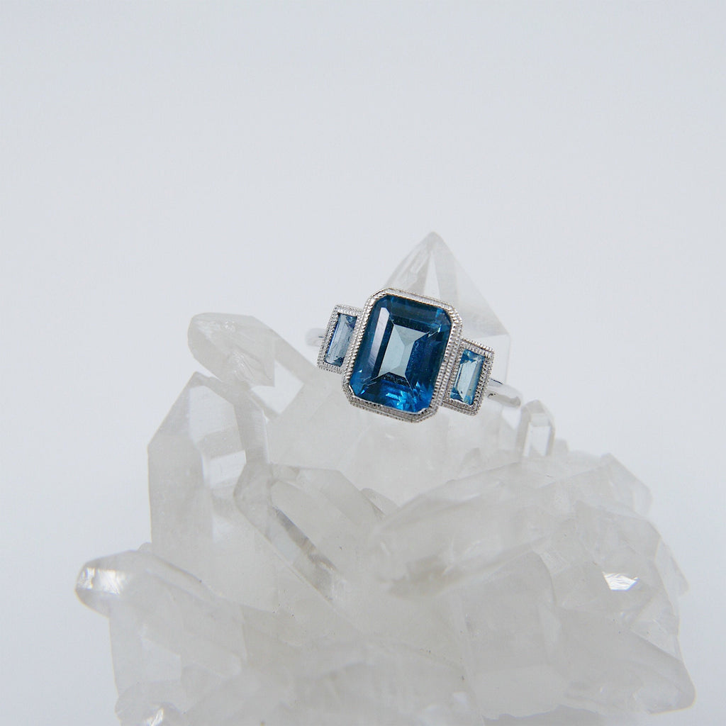 Charlotte Three Stone Ring, emerald cut ring, london blue topaz ring, blue stone wedding ring, classic engagement ring, aquamarine ring