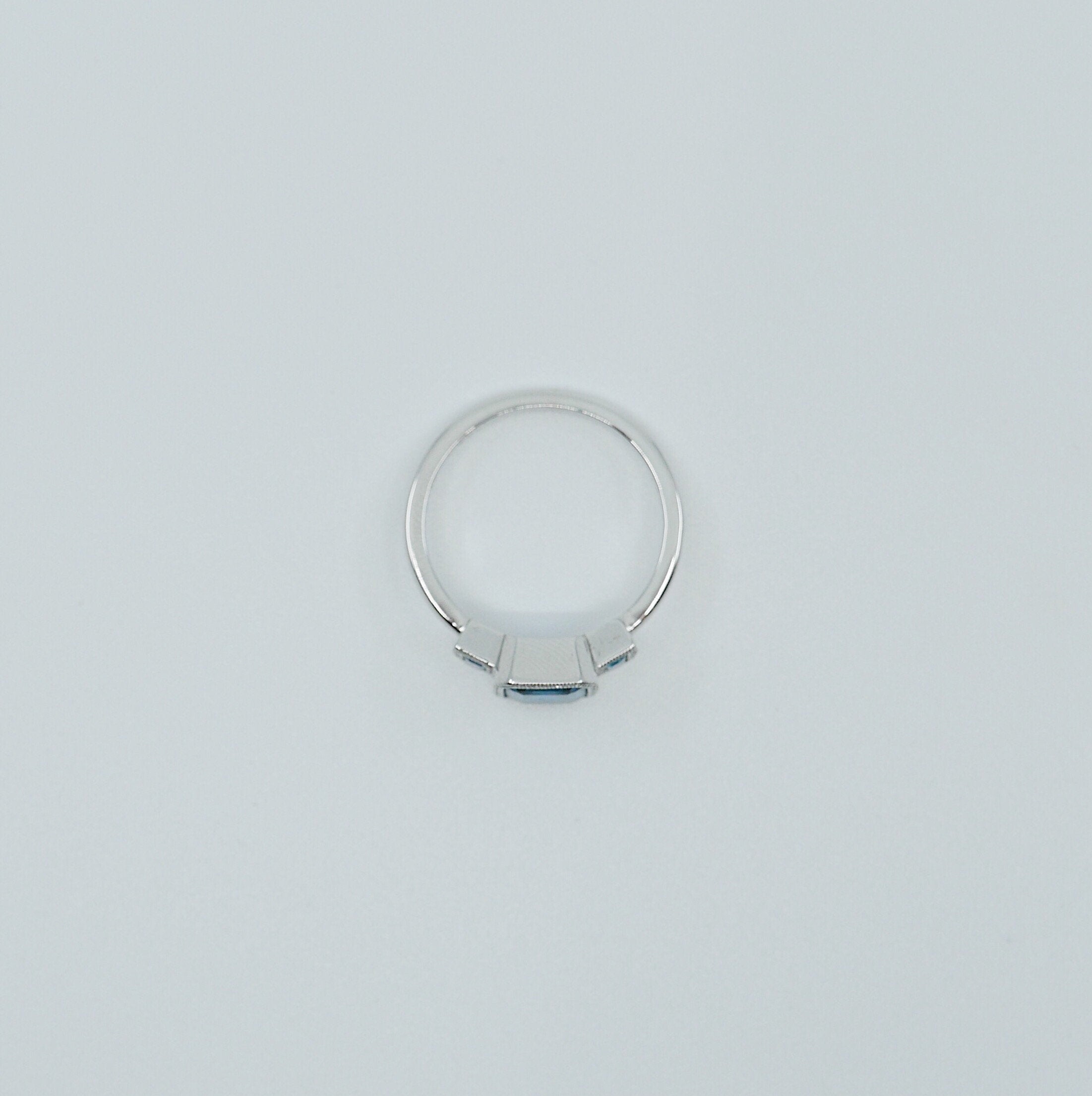 Charlotte Three Stone Ring, emerald cut ring, london blue topaz ring, blue stone wedding ring, classic engagement ring, aquamarine ring