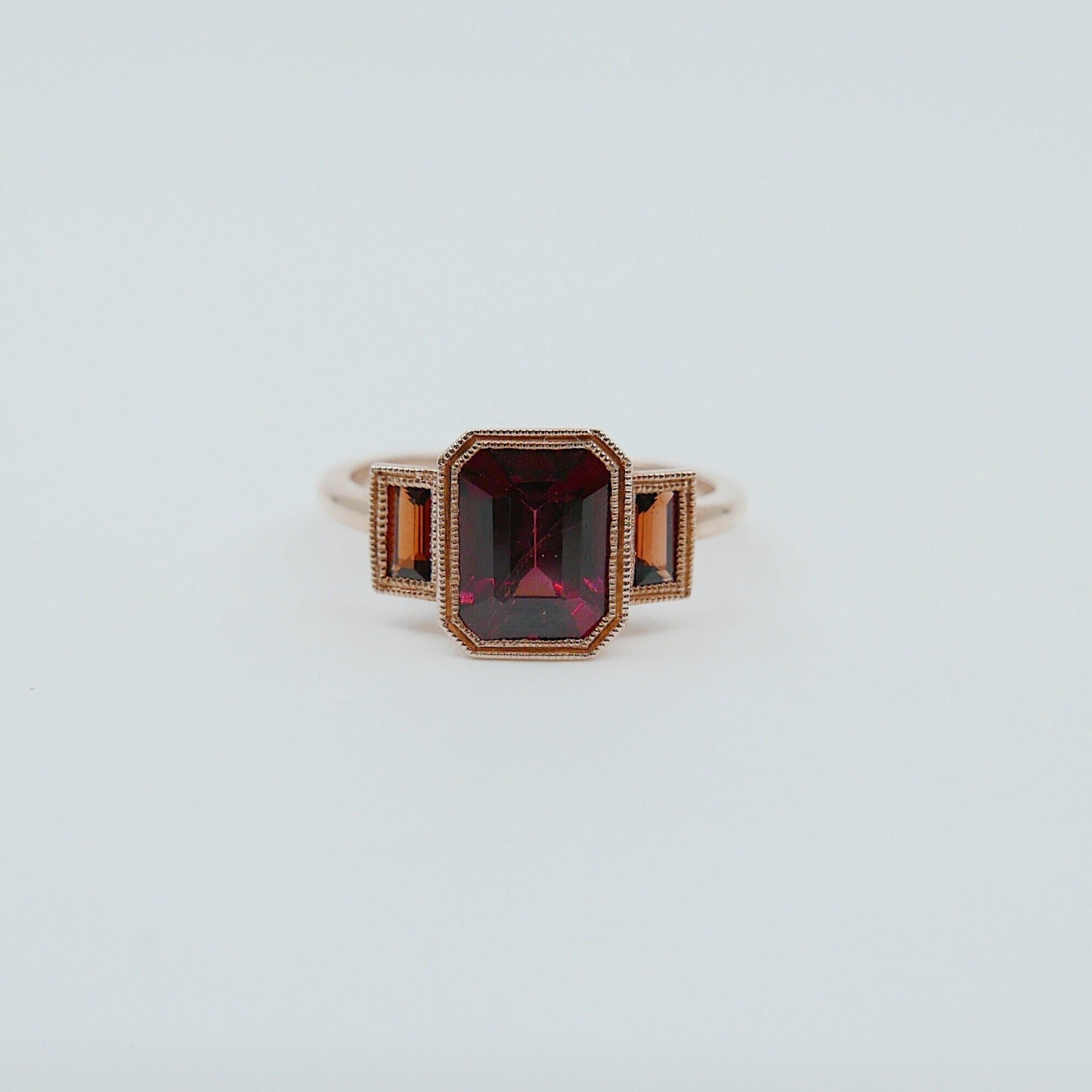 Charlotte Three Stone Ring, garnet emerald cut ring, garnet ring, deep red stone wedding ring, classic engagement ring