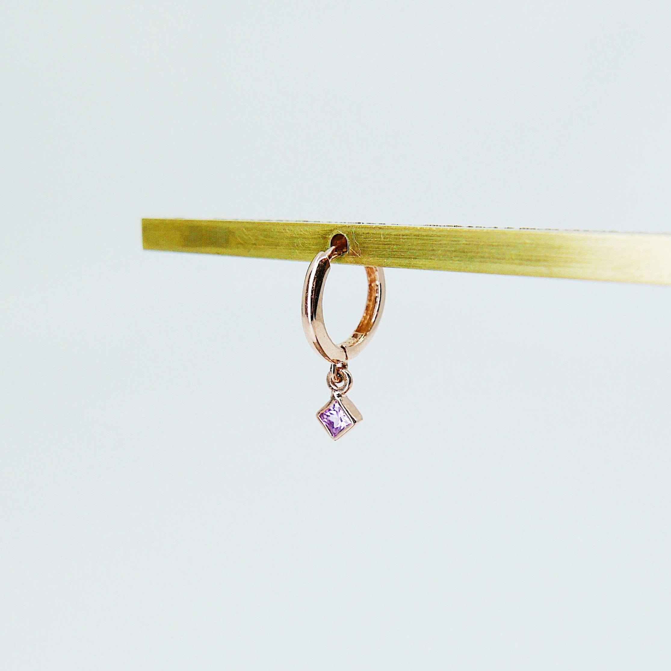 Small Princess cut pink sapphire charm hoop, small 14k gold sapphire hoop, pink sapphire hoop, hoops with bezel charms, square stone hoop