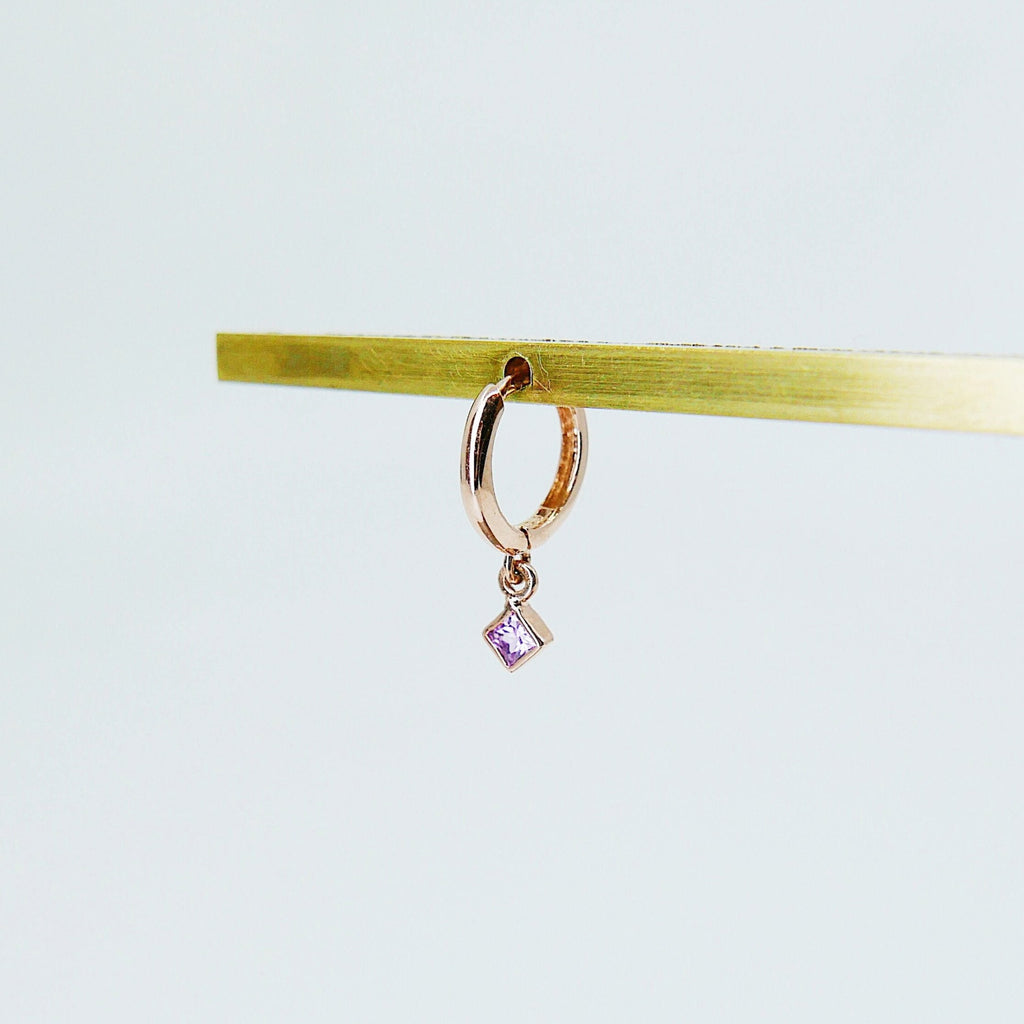 Small Princess cut pink sapphire charm hoop, small 14k gold sapphire hoop, pink sapphire hoop, hoops with bezel charms, square stone hoop