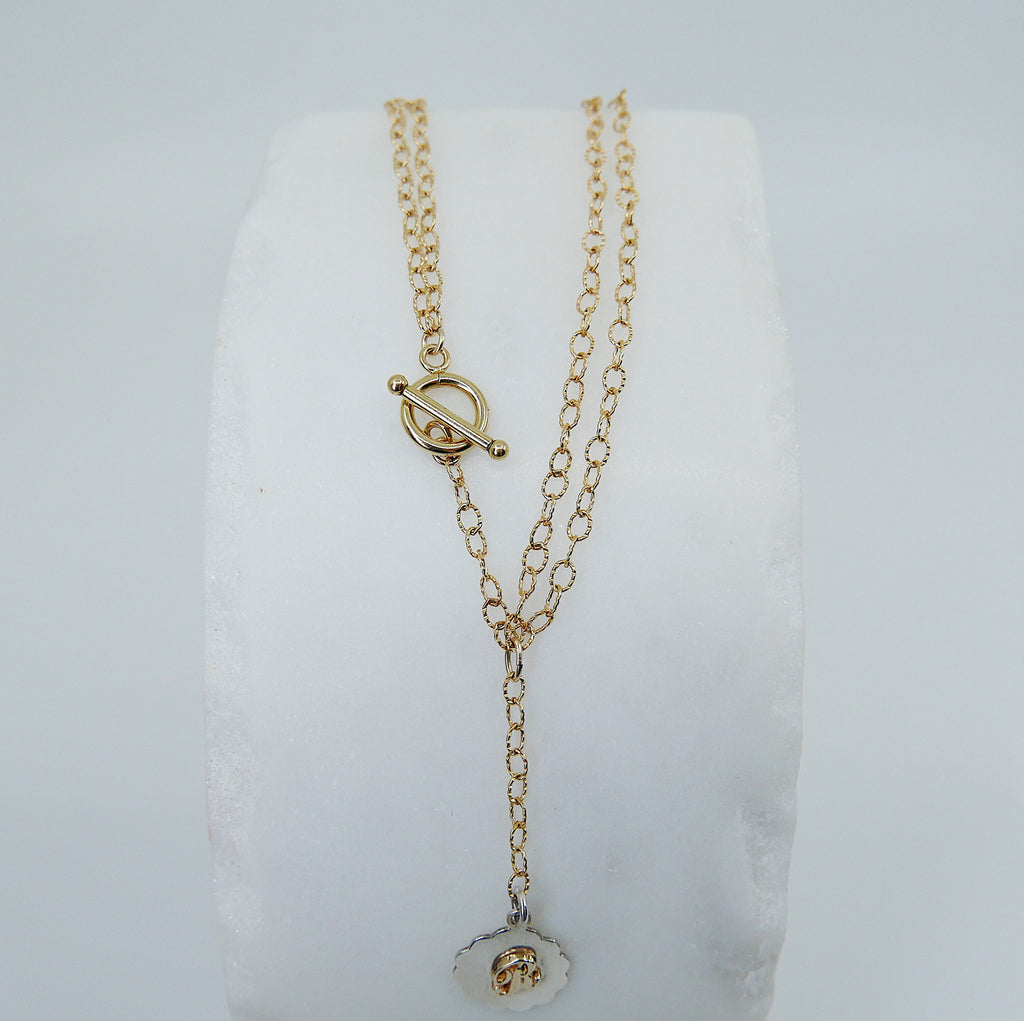 Initial Double Chain Lariat Necklace, Sterling Silver and 14k Gold Disc, Personalized necklace, Initial necklace, Initial lariat necklace