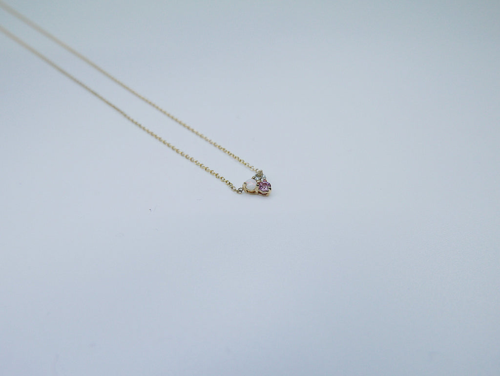 Trinity charm necklace, small 14k gold opal necklace, small gold necklace, Aquamarine necklace, Pink sapphire necklace