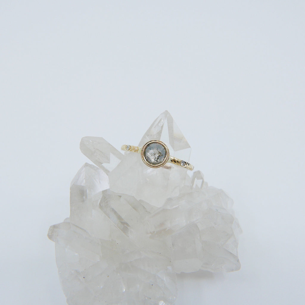 Juliette Rose Cut Grey Diamond Ring, gold solitaire ring, bezel stone ring, 14k gold gray diamond ring, gold diamond band, hand engraved