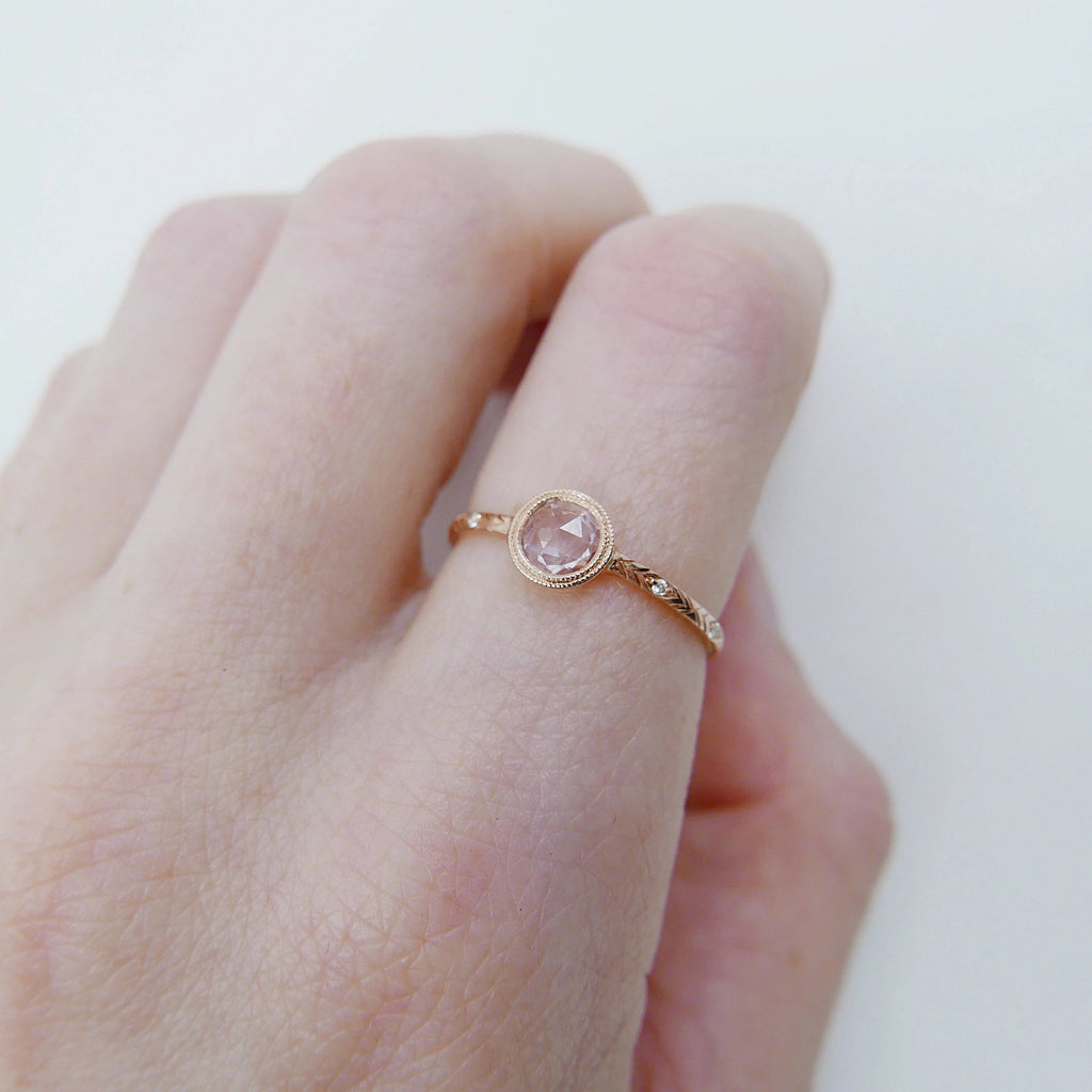 Juliette Rose Cut Light Pink Sapphire Ring, gold solitaire ring, bezel stone ring, 14k gold light pink sapphire ring, gold diamond band