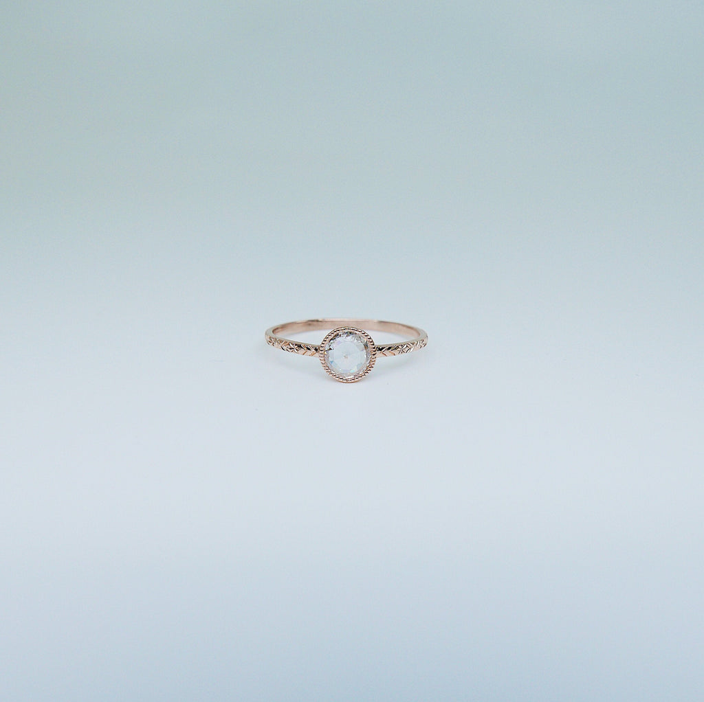 Justine Rose Cut Diamond Ring, gold solitaire ring, bezel stone ring, 14k gold diamond ring, gold hand engraved band, hand engraved band
