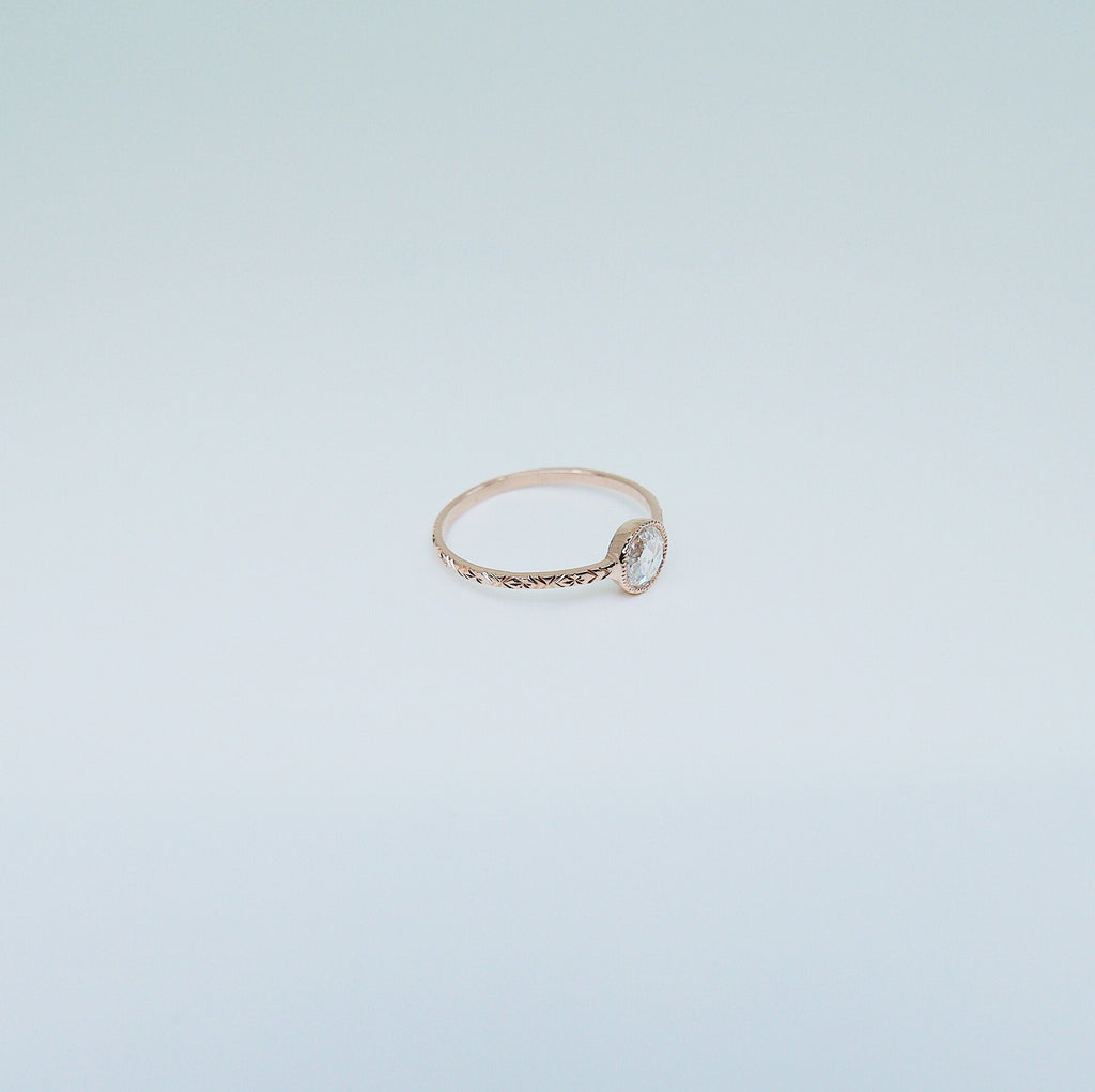 Justine Rose Cut Diamond Ring, gold solitaire ring, bezel stone ring, 14k gold diamond ring, gold hand engraved band, hand engraved band