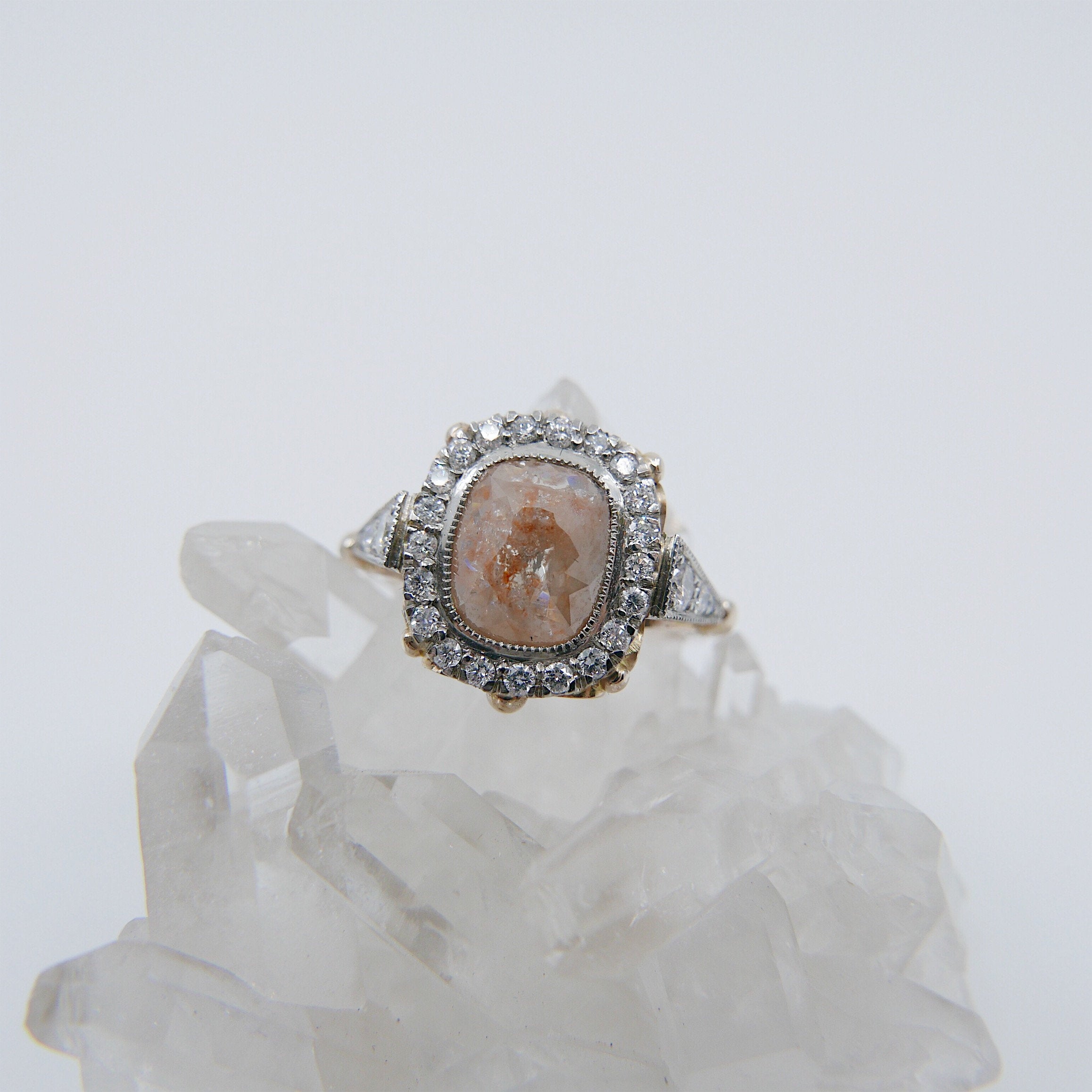 Countess Rose Cut Peach Diamond Ring, Two Tone 14k Yellow Gold & Palladium Ring, OOAK ring, unique engagement ring, rose cut diamond ring