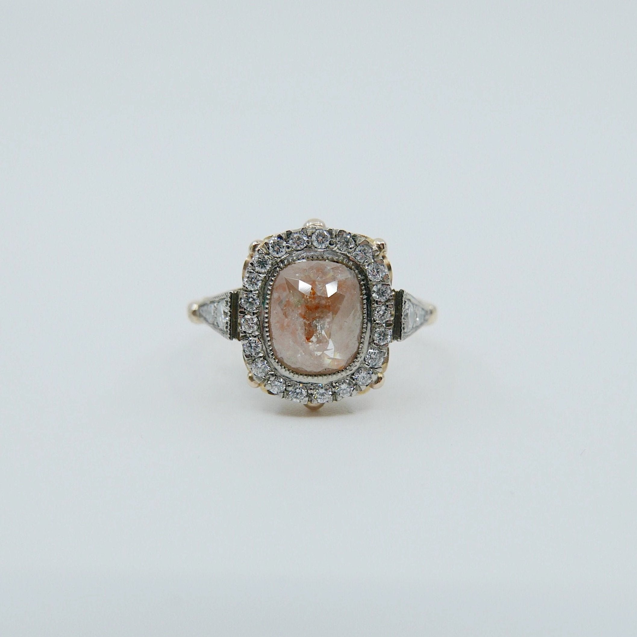 Countess Rose Cut Peach Diamond Ring, Two Tone 14k Yellow Gold & Palladium Ring, OOAK ring, unique engagement ring, rose cut diamond ring