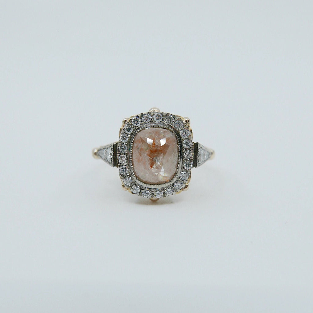 Countess Rose Cut Peach Diamond Ring, Two Tone 14k Yellow Gold & Palladium Ring, OOAK ring, unique engagement ring, rose cut diamond ring