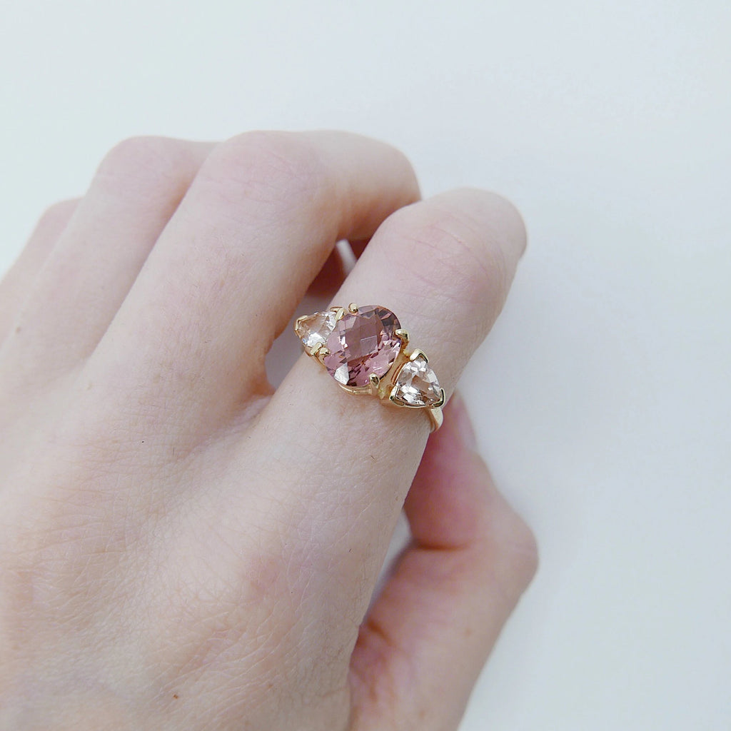 Dusty Rose Tourmaline Ring, tourmaline checker board cut ring, oval tourmaline ring, morganite ring, pink tourmaline wedding ring