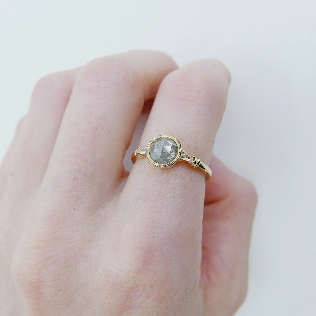Anya Rose Cut Grey Diamond Ring, one of a kind ring, unique engagement ring, rose cut diamond ring, three stone diamond ring, OOAK ring