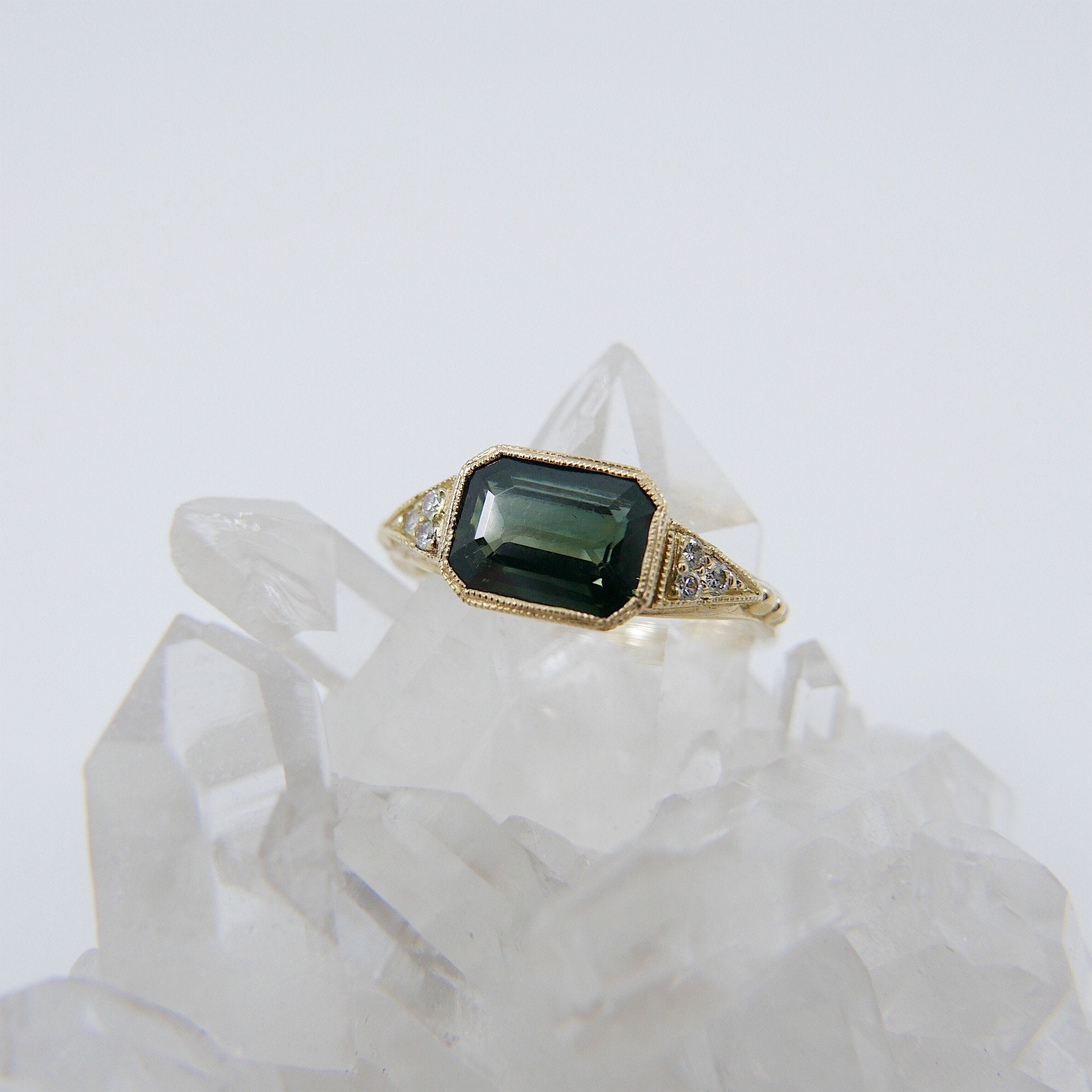 Inez Green Sapphire Ring, Sapphire and diamond ring, 14k gold green sapphire ring, sapphire ring, green sapphire ring