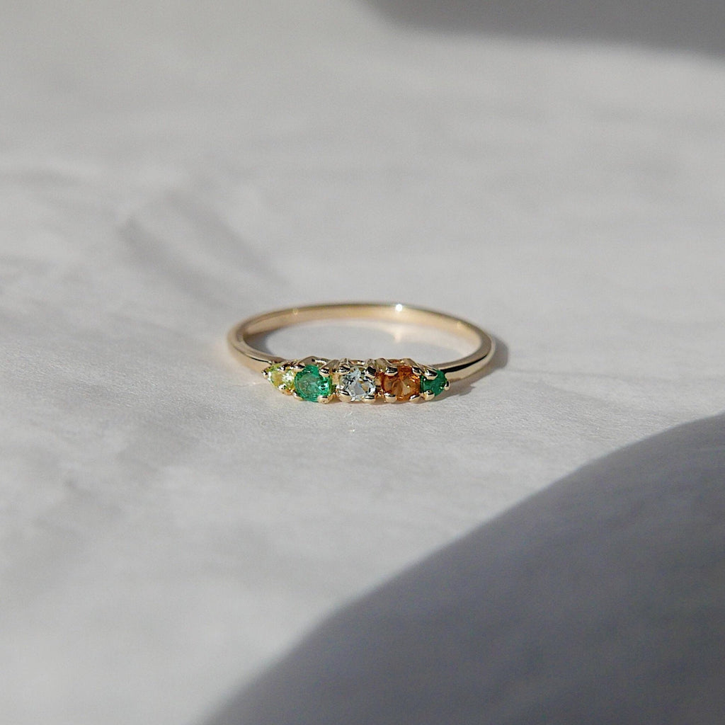 Riley PEACE Ring, Acrostic Ring, 5 stone gold ring, emerald and diamond ring, 14k gold emerald ring, emerald and diamond band