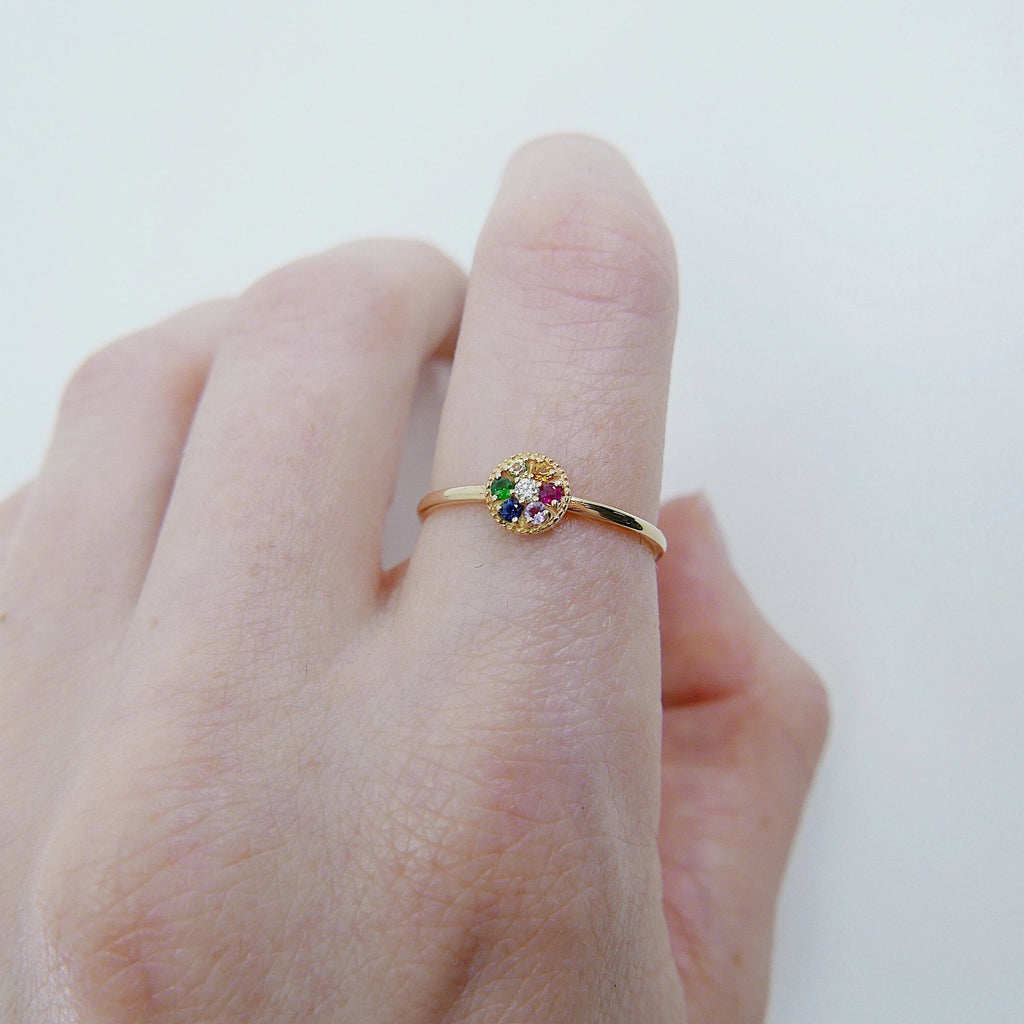 Painter's Palette Ring, 14k multicolor stone circle ring, mini diamond ring, rainbow circle ring