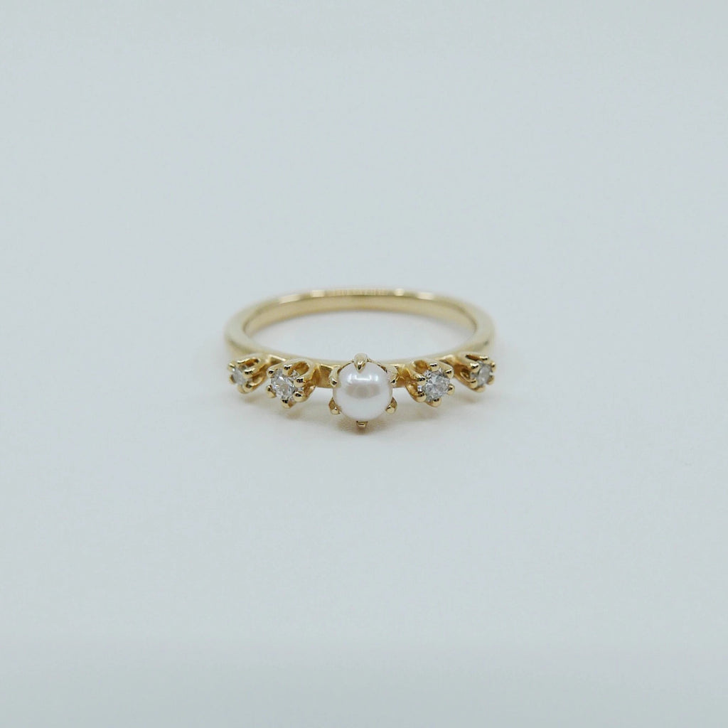 Adeline Pearl with Diamond Ring, 5 stone band, Pearl and Diamond ring, 14k gold stone ring, five stone ring, pearl ring, diamond ring