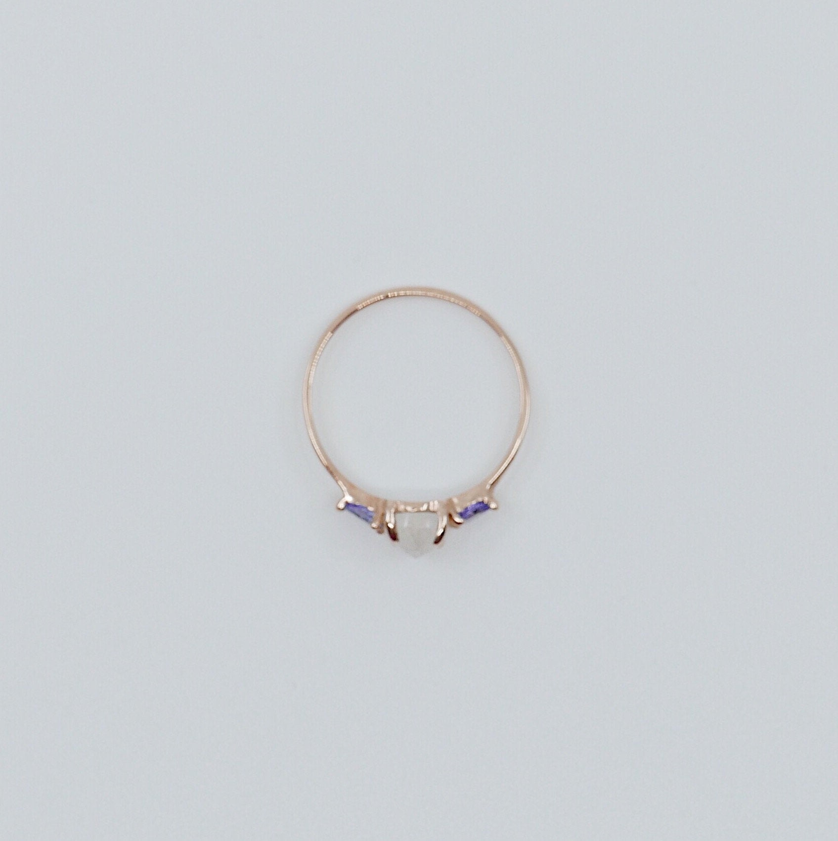 Penelope Rose Cut Moonstone Ring, Moonstone and tanzanite  ring, 3 stone ring, 14k gold moonstone ring