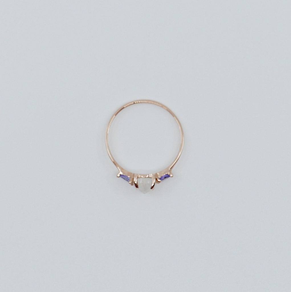 Penelope Rose Cut Moonstone Ring, Moonstone and tanzanite  ring, 3 stone ring, 14k gold moonstone ring
