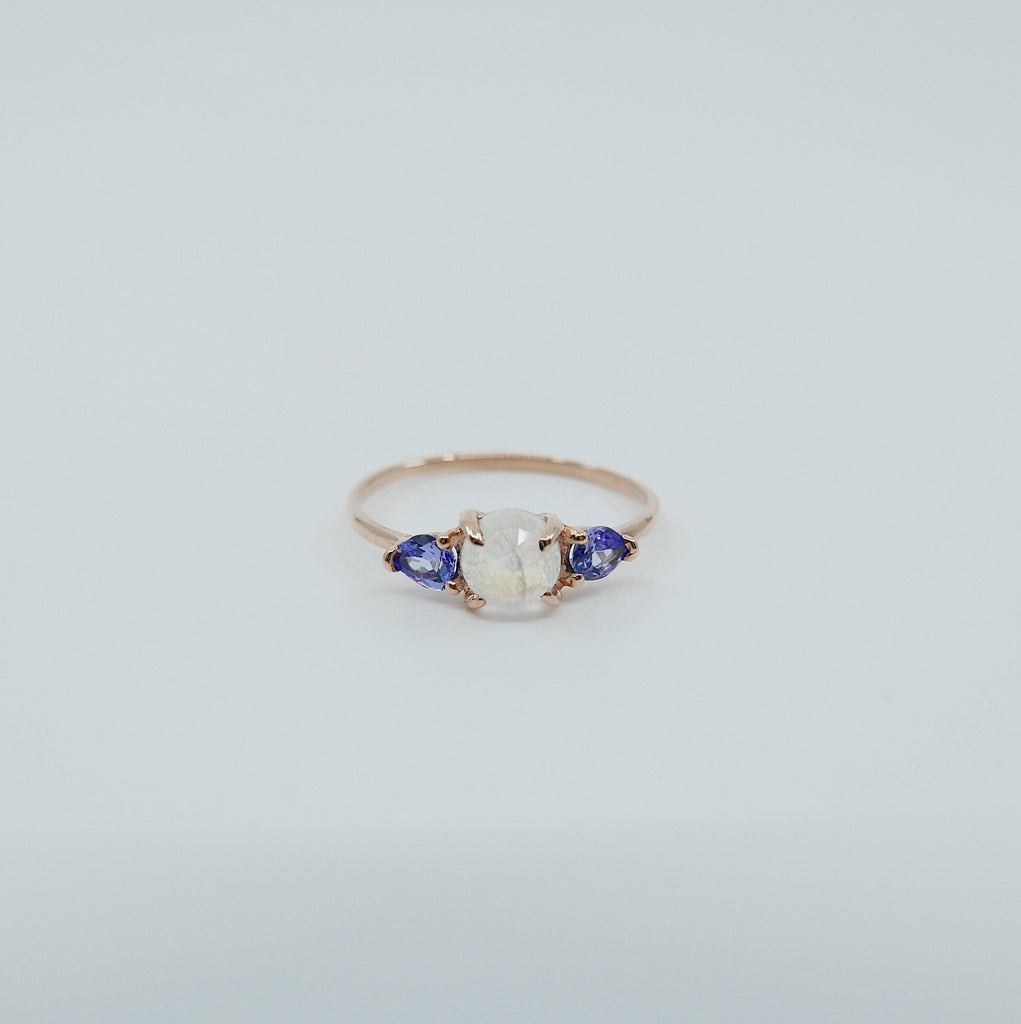 Penelope Rose Cut Moonstone Ring, Moonstone and tanzanite  ring, 3 stone ring, 14k gold moonstone ring
