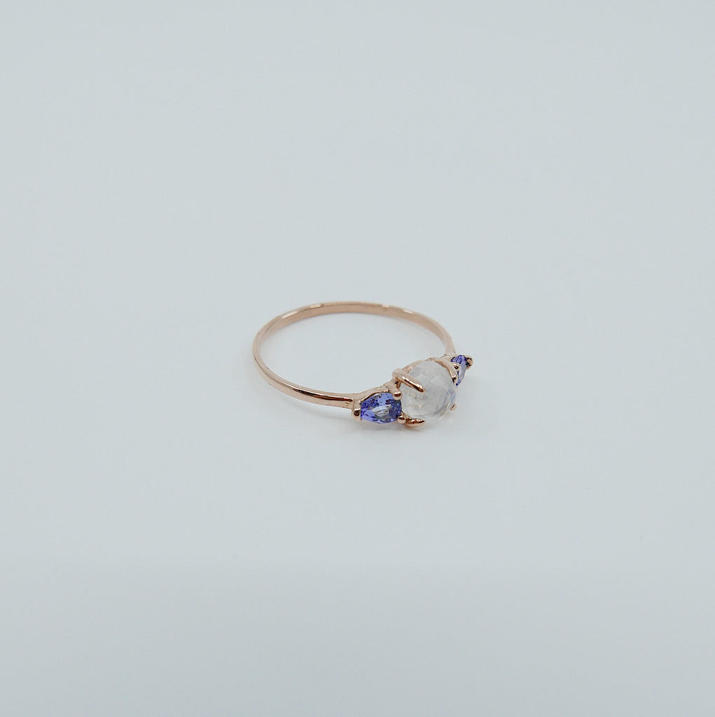 Penelope Rose Cut Moonstone Ring, Moonstone and tanzanite  ring, 3 stone ring, 14k gold moonstone ring