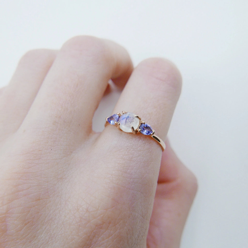 Penelope Rose Cut Moonstone Ring, Moonstone and tanzanite  ring, 3 stone ring, 14k gold moonstone ring