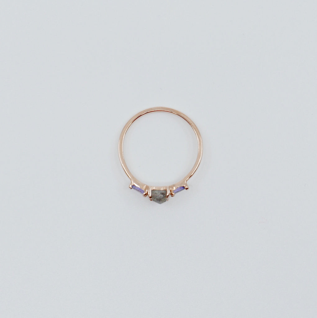 Penelope Rose Cut Labradorite Ring, Labradorite and tanzanite ring, 3 stone ring, 14k gold labradorite ring