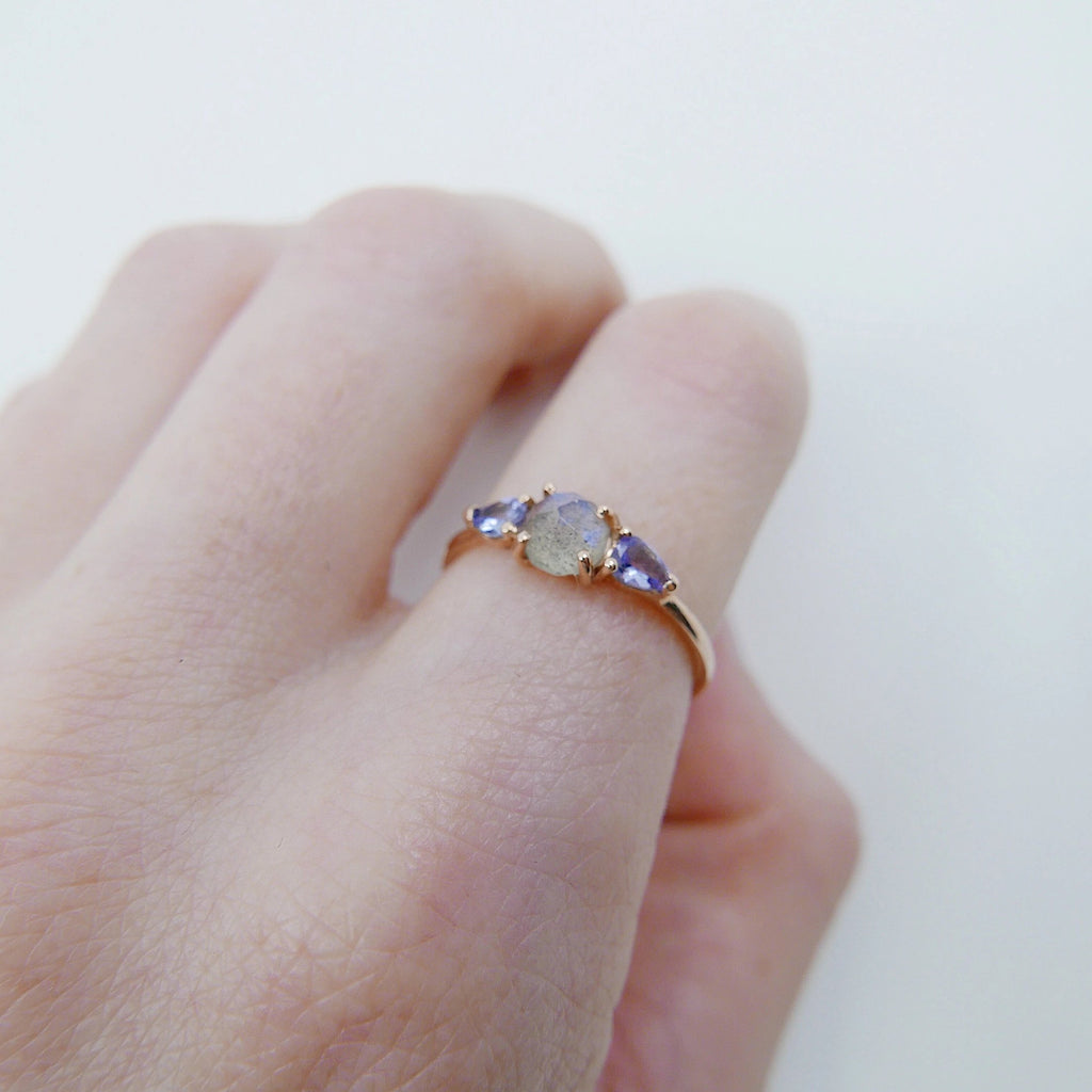 Penelope Rose Cut Labradorite Ring, Labradorite and tanzanite ring, 3 stone ring, 14k gold labradorite ring