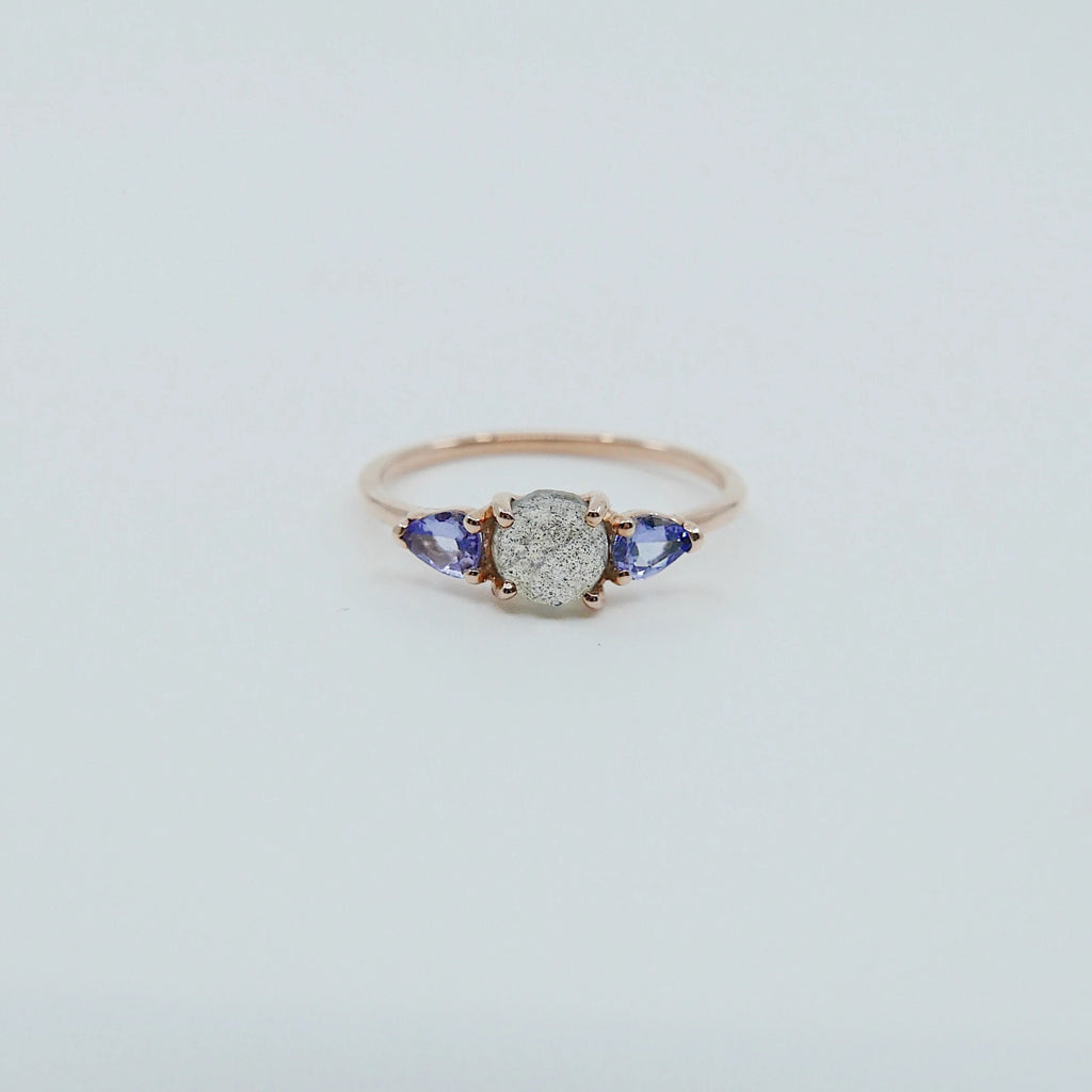 Penelope Rose Cut Labradorite Ring, Labradorite and tanzanite ring, 3 stone ring, 14k gold labradorite ring
