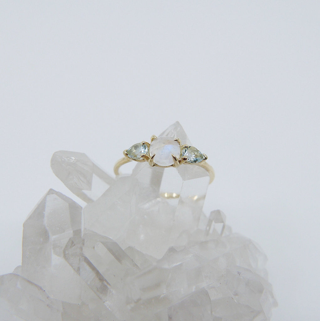 Penelope rosecut Moonstone ring, Moonstone and  aquamarine ring, 3 stone ring, 14k gold rainbow moonstone ring