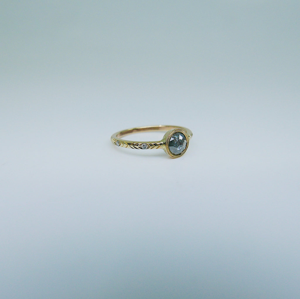 Juliette Rose Cut Grey Diamond Ring, gold solitaire ring, bezel stone ring, 14k gold gray diamond ring, gold diamond band, hand engraved