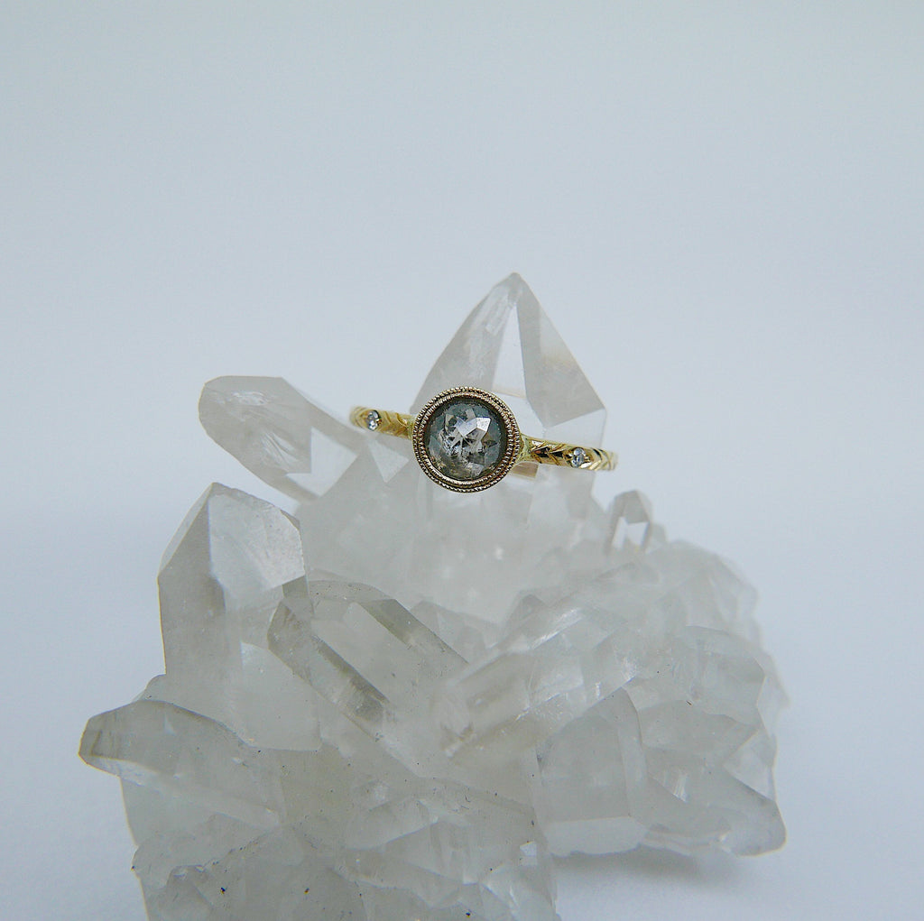 Juliette Rose Cut Grey Diamond Ring, gold solitaire ring, bezel stone ring, 14k gold gray diamond ring, gold diamond band, hand engraved