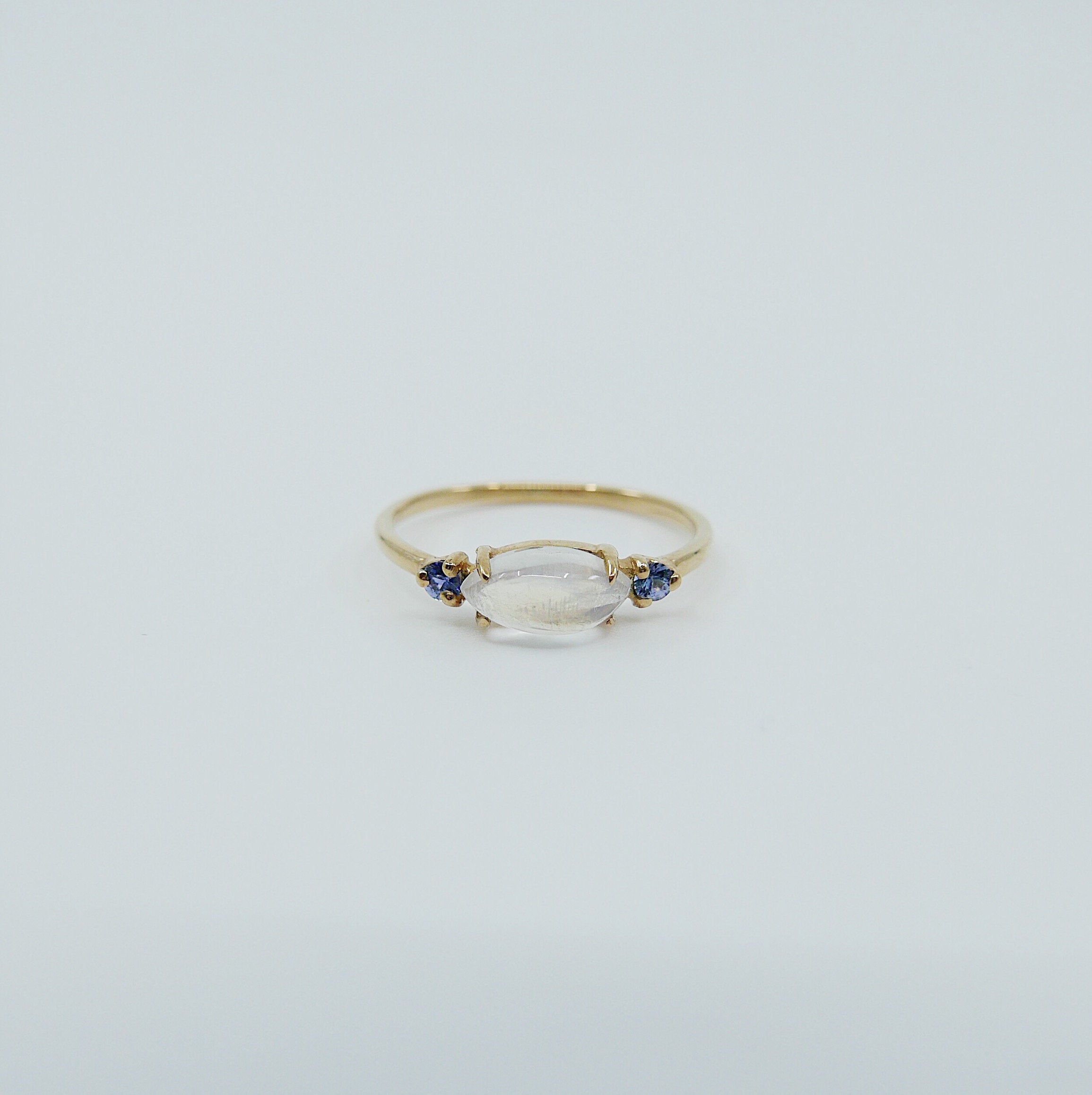 Twiggy Moonstone Ring, sleek marquise moonstone ring, 3 stone ring, marquise moonstone and sapphire ring, 14k gold moonstone ring