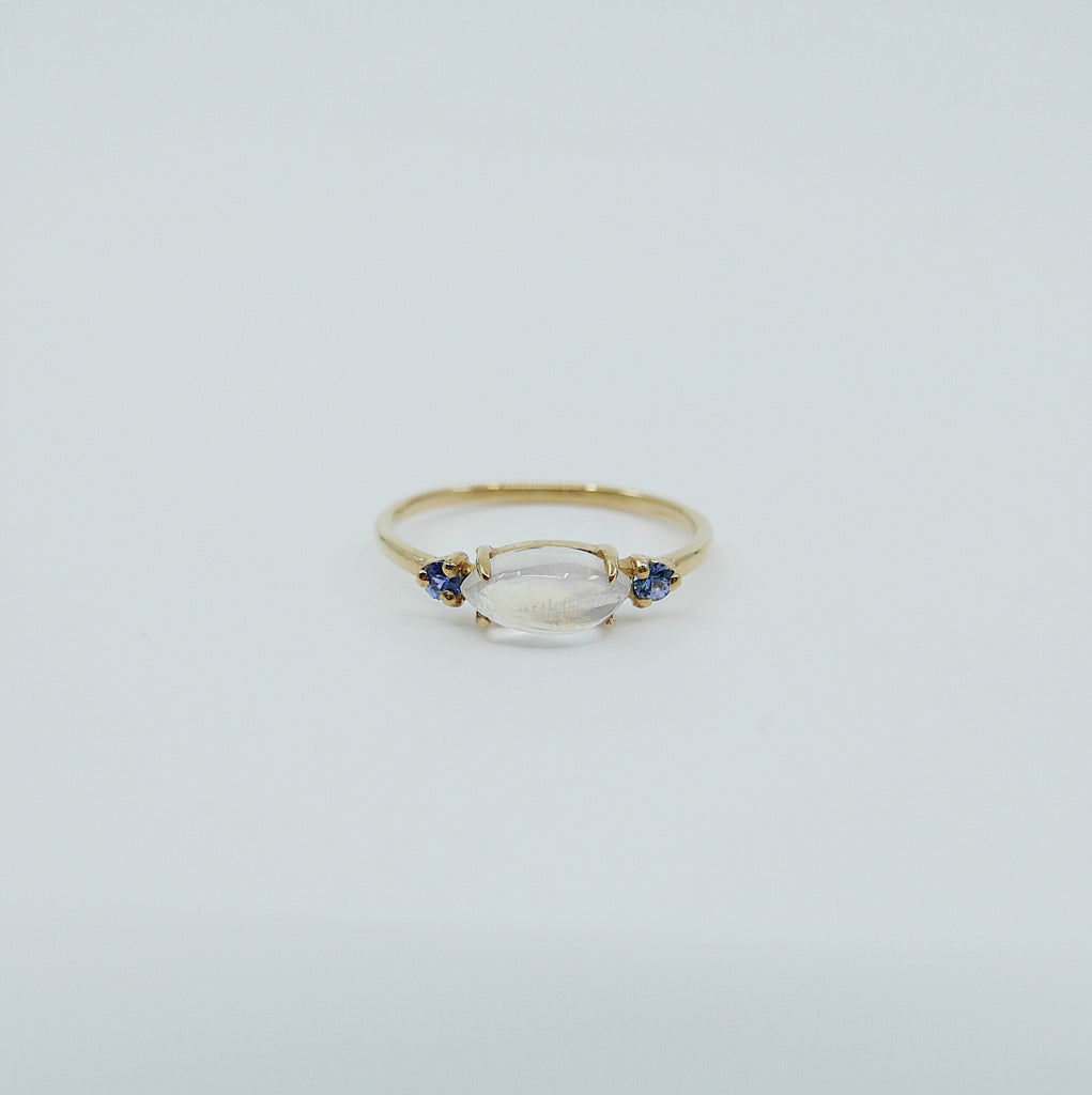 Twiggy Moonstone Ring, sleek marquise moonstone ring, 3 stone ring, marquise moonstone and sapphire ring, 14k gold moonstone ring