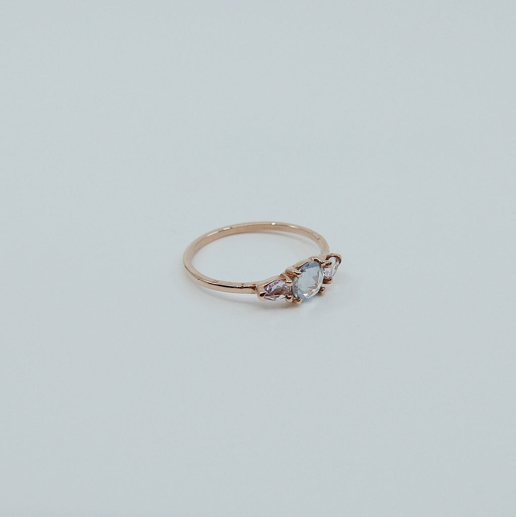 Penelope Rose Cut Light Blue Sapphire Ring, light blue sapphire and pink sapphire ring, 3 stone ring, 14k gold sapphire ring
