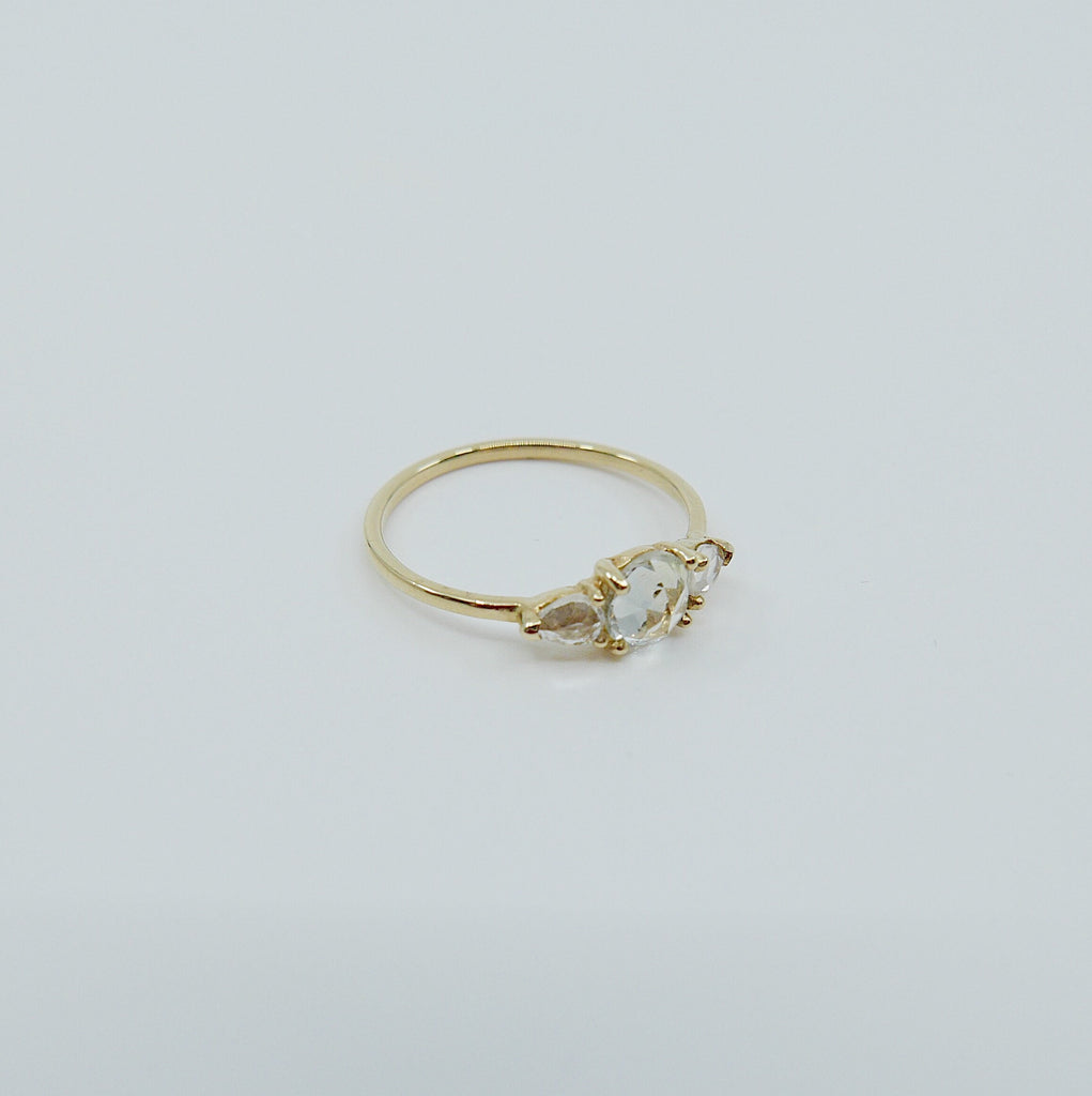 Penelope Rose Cut Tinted Blue Sapphire Ring, tinted blue sapphire and white sapphire ring, 3 stone ring, 14k gold sapphire ring