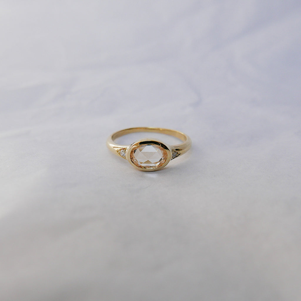 Rose Cut Sapphire Signet Ring, OOAK ring, sapphire rose cut ring, oval sapphire and diamond ring, 18k gold ring, oval bezel sapphire