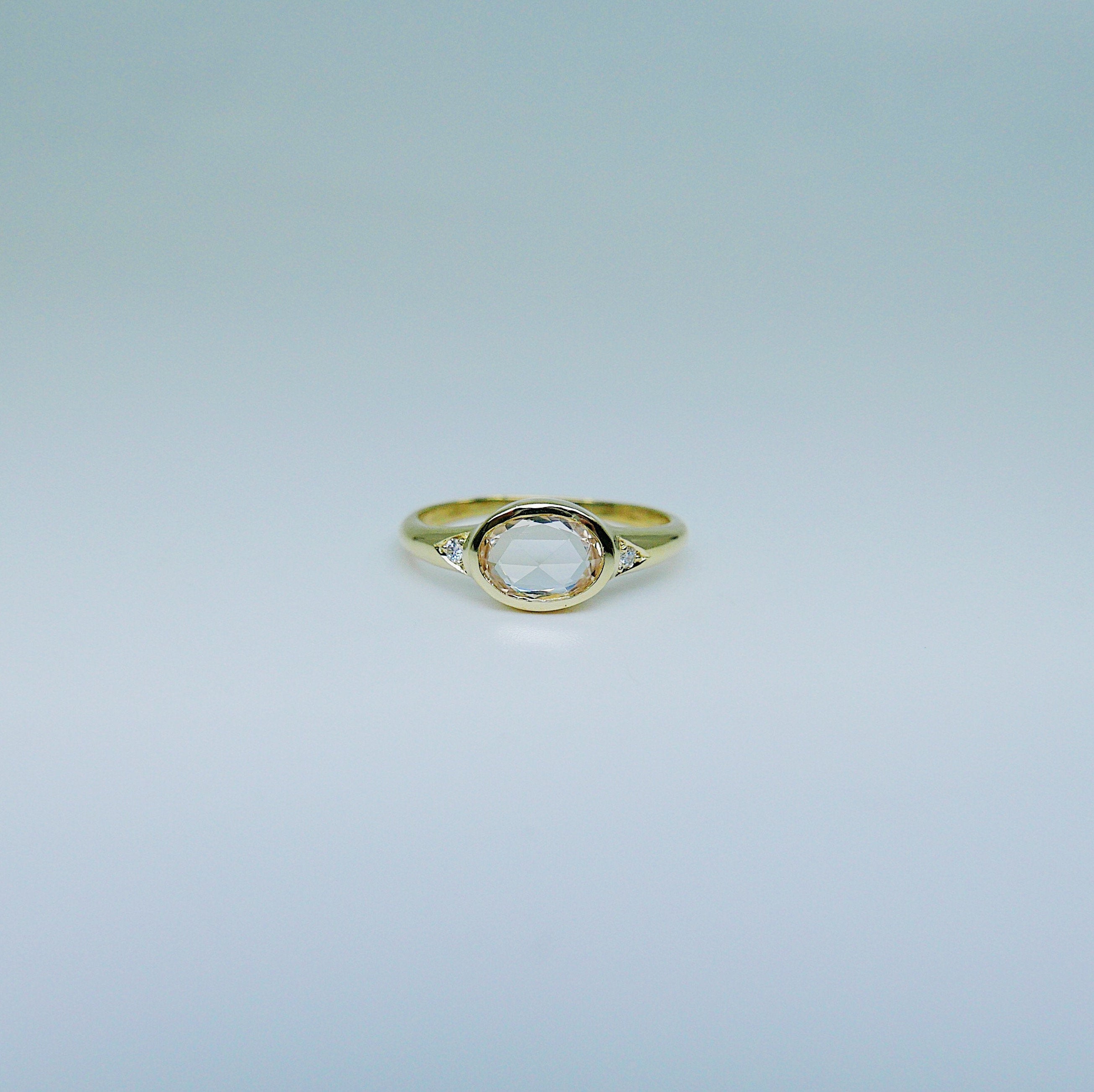 Rose Cut Sapphire Signet Ring, OOAK ring, sapphire rose cut ring, oval sapphire and diamond ring, 18k gold ring, oval bezel sapphire